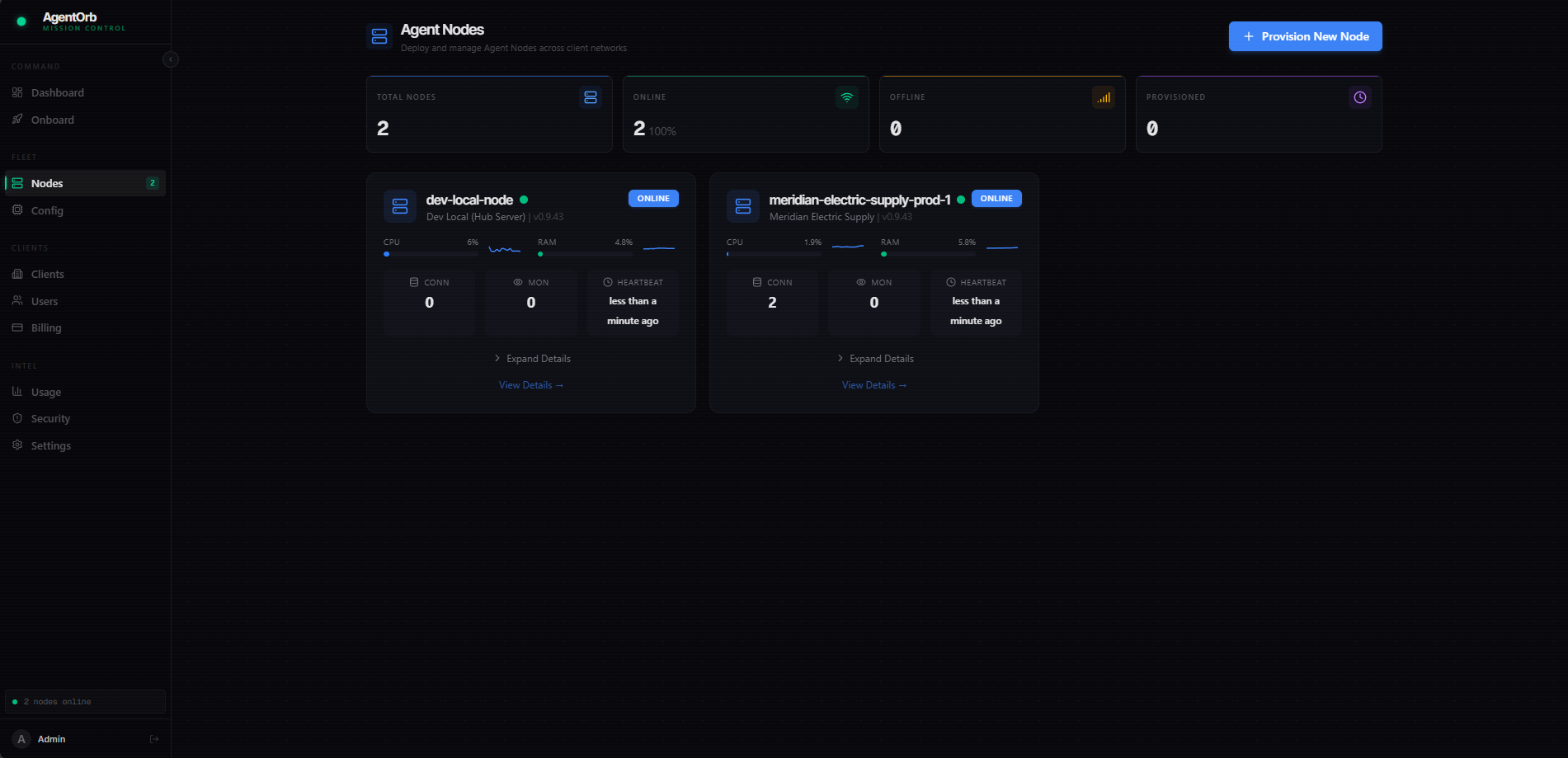 Agent node fleet view with per-node CPU, RAM and heartbeat