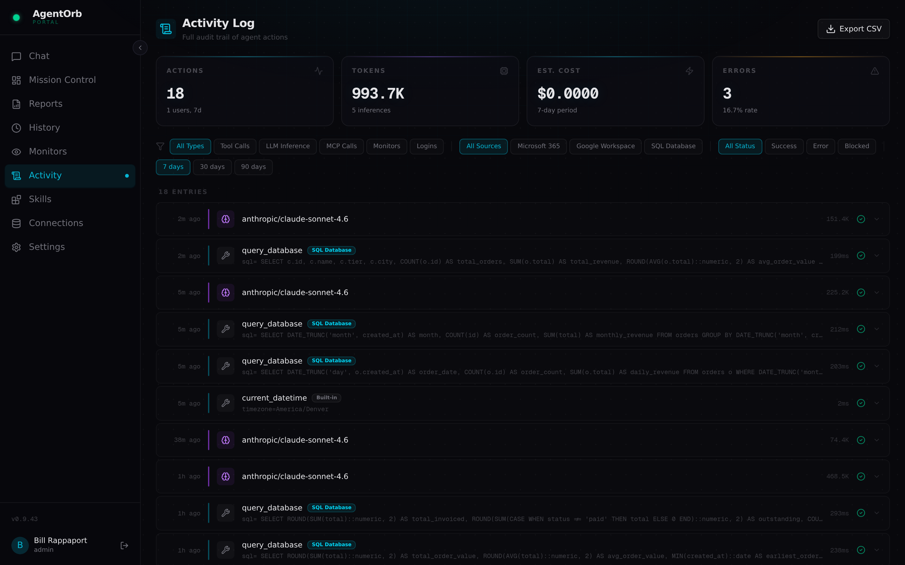 Node activity log: full audit trail of tool calls, SQL and model inferences with latencies