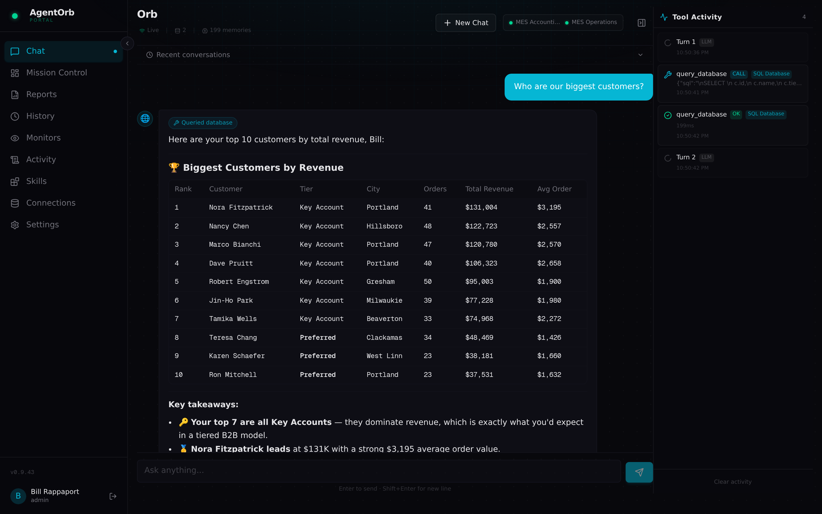 Node query chat: natural-language question answered from a live database, with the agent tool loop shown alongside